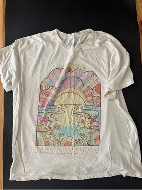 Roxy White Tee with Pastel Retro Sunrise Graphic